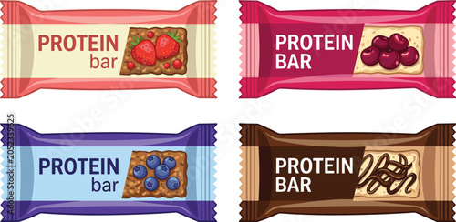 Fényképezés Protein bar vector illustration set featuring healthy snack energy bars wrapped