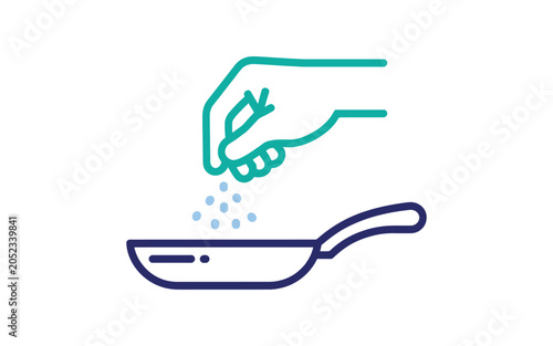 Photos Teal and navy blue line art icon of hand sprinkling seasoning onto frying pan cooking food preparation