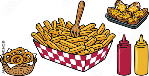 Billede på lærred Cartoon fast food sides vector illustration featuring French fries in checkered
