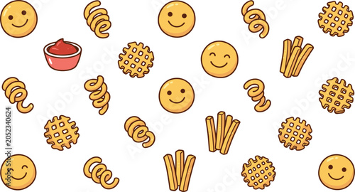 Cute cartoon french fries variety seamless pattern vector set featuring happy smiley face fries crispy waffle cut spiral curly fries and ketchup bowl