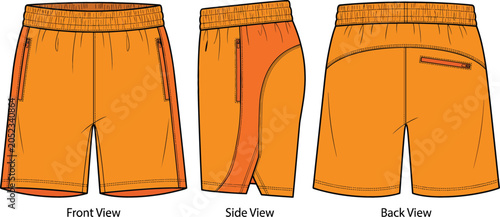 Orange athletic shorts vector fashion technical sketch illustration template showing front side and back view for design mockups