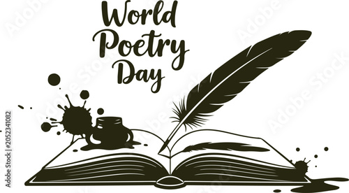 Quadro su tela World poetry day text with feather quill inkwell open book and ink splashes dark brown silhouette on transparent background