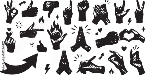 Fényképezés Black vector hand gestures illustration with grunge texture and emotive symbols