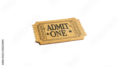 Vintage cardboard golden brown admit one ticket stub isolated on transparent background
