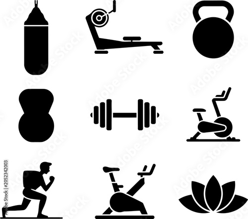 Black silhouettes of various gym equipment and fitness icons