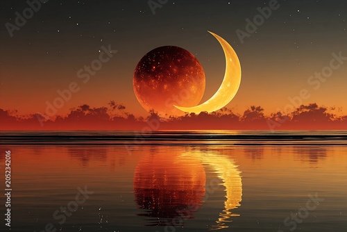 Celestial Bodies Dance in Harmony Over a Tranquil Horizon at Dusk Generative AI