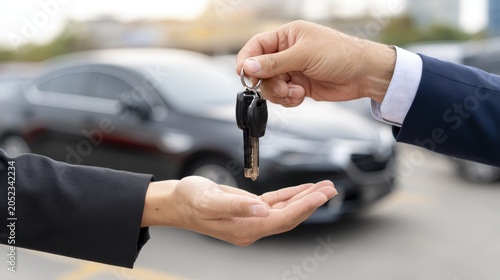 Car key exchange between business professionals in urban setting