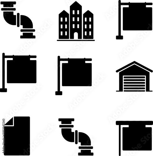 A set of black and white icons featuring various industrial and architectural elements
