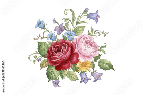 Elegant watercolor floral bouquet with roses and wildflowers, isolated on a light background. Romantic botanical illustration perfect for wedding invitations, branding, stationery, and decor.