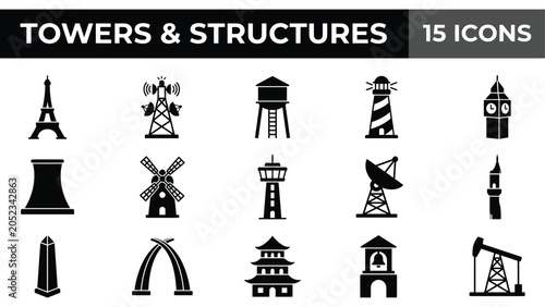 Foto Collection of Iconic Towers and Structures Vector Icons