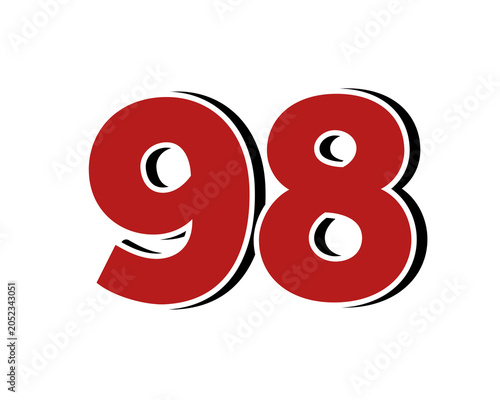 Number 98 Bold Red with White Outline Isolated on Transparent Background