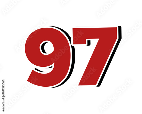Number 97 Bold Red with White Outline Isolated on Transparent Background