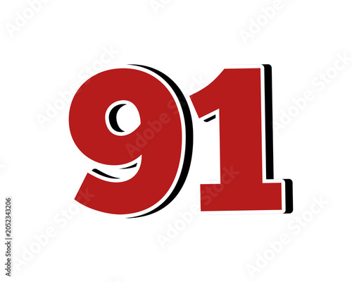 Number 91 Bold Red with White Outline Isolated on Transparent Background