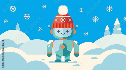 Cute cartoon robot wearing a winter hat stands on a snowy hill, with copy space. This graphic is useful for children education blogs, christmas greeting cards, and technology websites.
