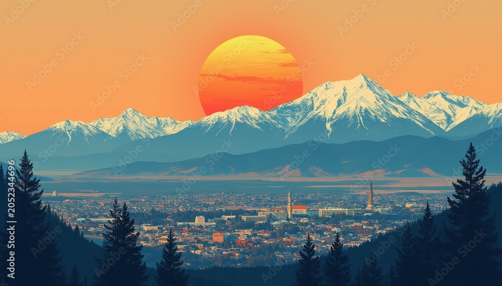 Obraz premium Cityscape with snow capped mountains in background at sunset. Retro graphic style illustration urban sprawl, natural beauty. Orange sky with large sun illuminates city, peaks. Trees frame foreground.
