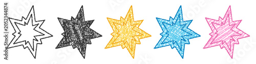 Colorful crayon stars with scribble texture and jagged kid style outlines.