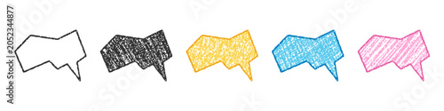 Colorful crayon angular speech bubbles with scribble texture and jagged outlines.