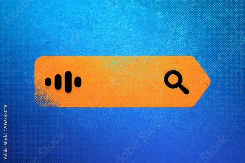 Orange search bar with speech recognition audio wave icon and magnifying glass symbol against a textured blue background, illustrating modern voice activated interaction