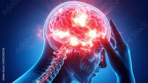 3D illustration of human brain pain and migraine. Suitable for medical education, science video, healthcare presentation, and documentary.
