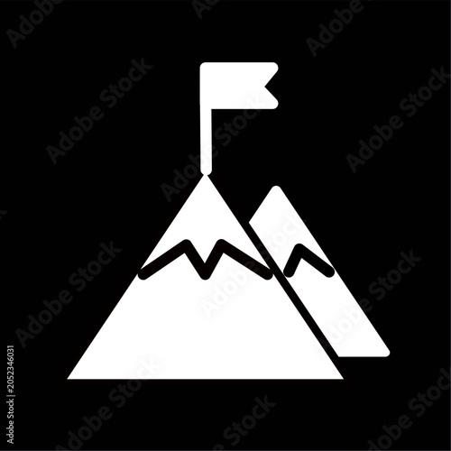 Mountain peak top with flag, mission or goal with high ambitions line art vector icon for apps and websites. Vector graphic, not Artificial Intelligence, logo illustration. Replaceable vector design.
