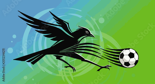 Stylized black bird silhouette kicking a soccer ball, dynamic motion lines on a blue and green gradient background, with circular patterns