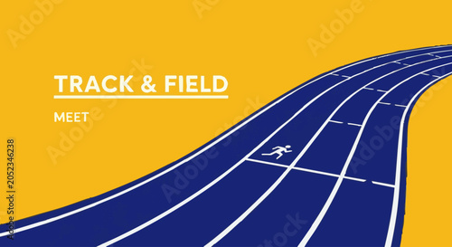 Track and field meet with a blue running track, white lane markings, and a runner against a solid yellow background