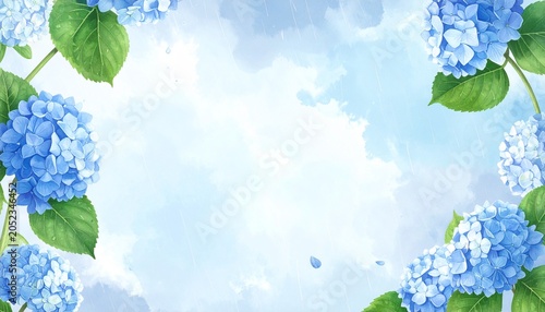 梅雨の空に映える青いアジサイのフレームイラスト