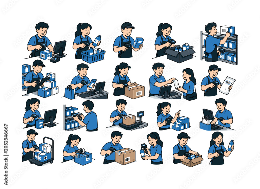 Fototapeta premium Barcode Scan Market collection of digital illustrations with 12?20 small character-driven checkout scenes across the full canvas, varied scale, uneven distribution, no grid, no overlap, people