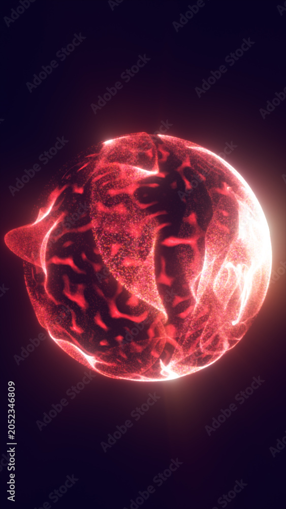 Fototapeta premium Red glowing plasma sphere with organic cellular patterns and cosmic energy, floating on a dark futuristic background.