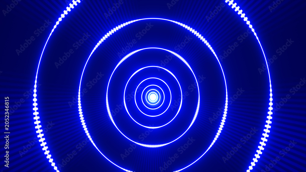 Fototapeta premium Abstract blue concentric rings glowing from the center with radiant lines, creating a futuristic tunnel or target effect.