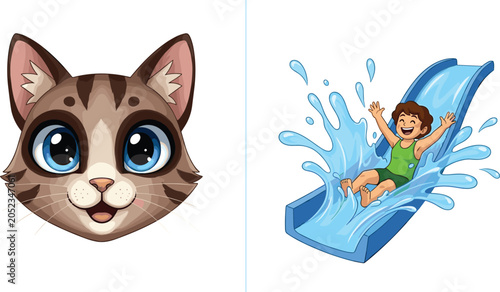 Foto Cute Cat Face and Water Slide Fun Collection Set Featuring Adorable Pet Characte