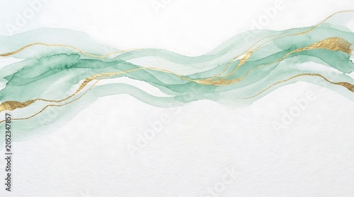 Abstract green and gold watercolor waves background with flowing lines