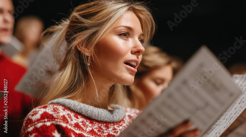 Choir singer sheet music rehearsal concert song performance close up portrait during joyful choral rehearsal with music score