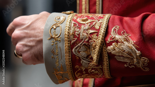 Ornate sleeve embroidered robe gold trim red fabric close up ceremonial costume vintage clothing luxury textile, hand detail