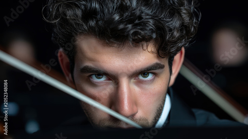 Conductor close up focused eye orchestra baton performance musician intense expression during concert with blurred instrument