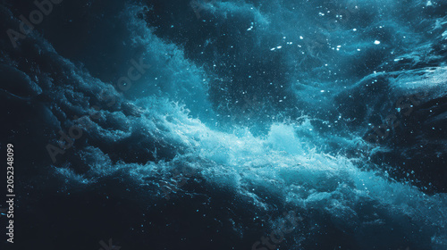 Water wave splash sea foam blue ocean spray turbulent water texture in deep blue tones, dramatic motion and misty detail