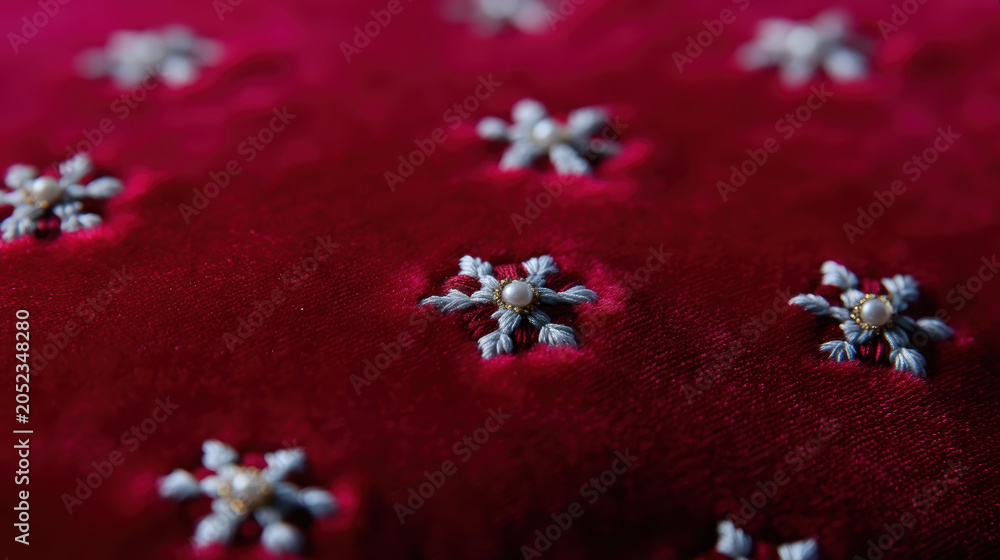 Fototapeta premium Red velvet embroidered flower fabric texture textile pattern close up detail shot, rich red velvet textile with small