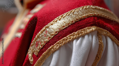 Choir robe embroidered sleeve red fabric gold trim religious garment close up white satin lining, detailed textile craft