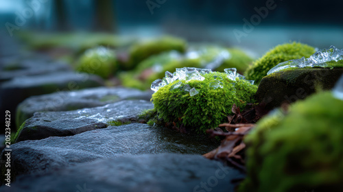 Frozen spray moss stone ice macro winter close up, detail shot of ice crystals coating moss on wet stone path, soft bokeh