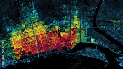 Heat map city map aerial view urban grid data visualization color gradient high detail satellite style density map with