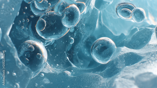Macro shot air bubble ice frozen water abstract background texture close up air bubble trapped inside thick ice, blue frozen