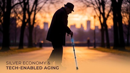 A silhouette of a senior man with a cane walks alone on a city street at sunset.