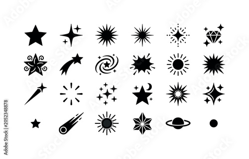 Sparkle Star Glyphs. Solid glyph icon set of stars and glitter effects: five point star, four point sparkle, starburst, flare, twinkle spark, diamond spark, magic star, shooting star, galaxy star,