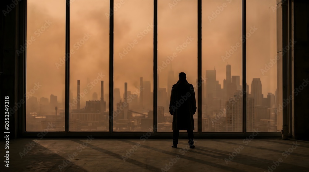 Fototapeta premium A silhouette of a person stands looking out at a cityscape through large windows.