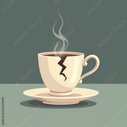 Broken ceramic teacup with steam on a saucer against a dark gray backdrop, with copy space. This graphic is ideal for psychological blogs, mental health presentations, and divorce flyers.