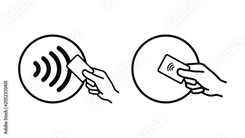 Foto Contactless Payment Icon: A hand holds a credit card near a circular icon with signal waves, illustrating the concept of contactless payment technology and cashless transactions