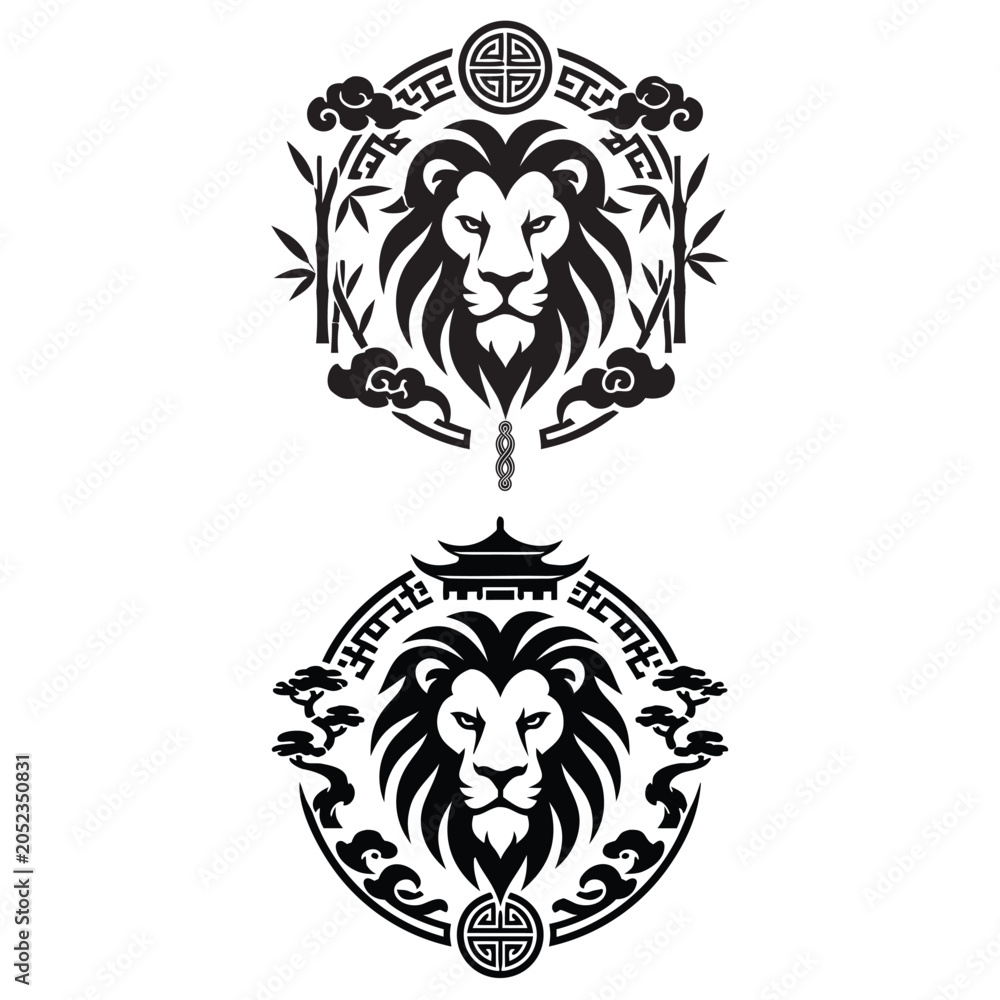Obraz premium Dual Lion Head Asian Emblem Set Black Silhouette Chinese Tattoo Logo Design Pagoda Bamboo Decorative Badge Vector.