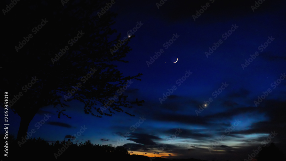 Obraz premium Crescent Moon, planet conjunction and landscape scenery silhouettes.