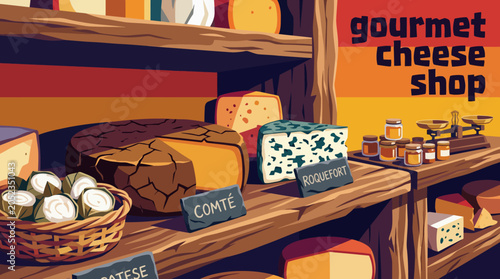 Schilderij op canvas gourmet cheese shop food shop store retail business specialty selections rustic