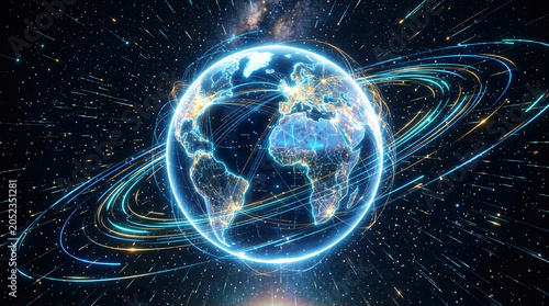 Futuristic glowing planet Earth viewed from space, enveloped by bright blue and golden global communication networks and orbital data rings.